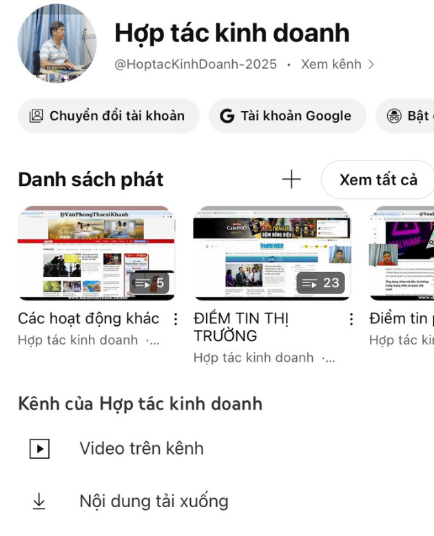 Ảnh chụp màn hình trang chủ kênh YouTube "Hợp tác kinh doanh" hiển thị danh sách phát và các tùy chọn quản lý kênh.