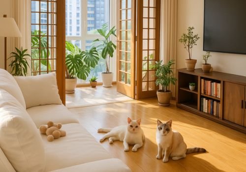 Ảnh minh họa phòng khách hiện đại, sáng sủa với nhiều cây xanh và hai chú mèo, gợi cảnh báo về 3 kiểu rủi ro khi mua nhà mà người mua cần tránh để không ôm nợ cả đời.
