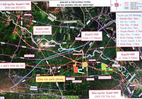 Bản đồ vị trí hướng tuyến tuyến dự ánTân An - Bình Hiệp của Tây Ninh.